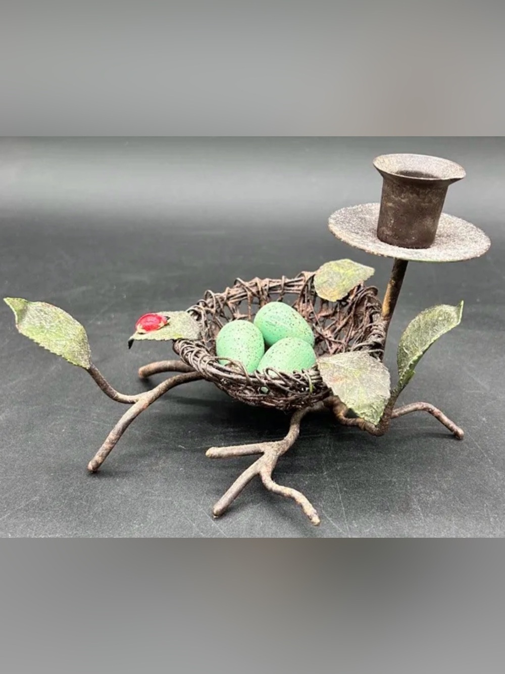 Rustic Metal Bird Nest Candle Holder with Robins Eggs